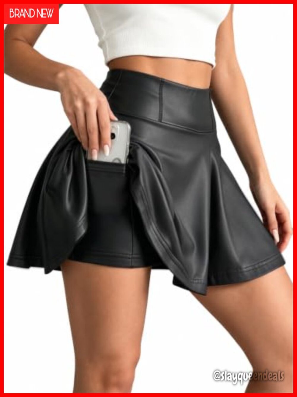 Women's Faux Leather High Waisted Flared A-Line Mini Skirt with Built-in Shorts